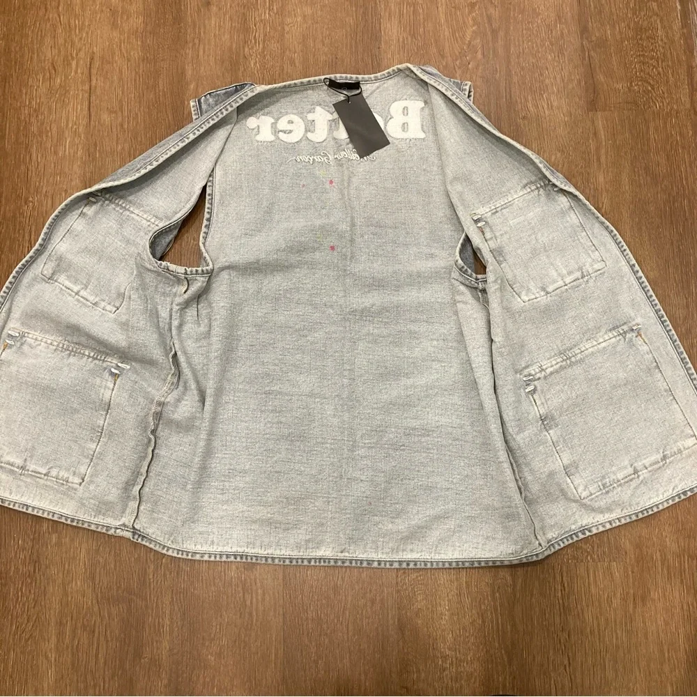 Men’s Light Wash Blue Jean Vest Neon Paint Splatter Open Front Pockets L - Picture 3 of 16